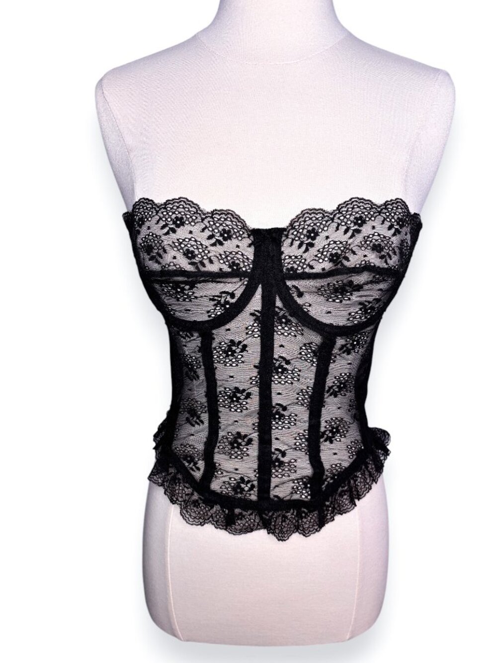 Vintage Victoria's Secret Gold Label Sheer Black Lace Bustier Corset Lingerie M